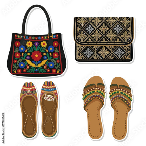 Collection of traditional embroidered accessories including a floral handbag, geometric clutch, jutti shoes, and beaded sandals.