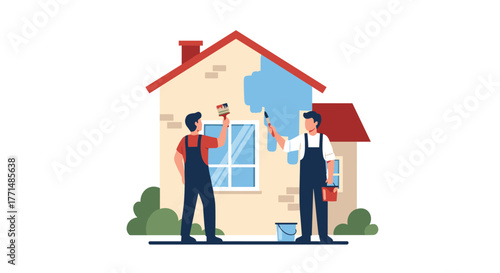 Skilled painters refresh house exterior with vibrant blue paint, revitalizing property for modern appeal and enhanced curb appeal