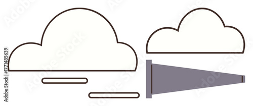 Stylized clouds accompanied by a telescope aligned for observation. Ideal for exploration, discovery, vision, future planning, creativity, innovation, observation, simple flat metaphor
