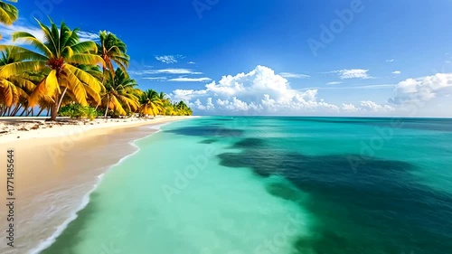 Beautiful Tropical Beach Scene with Clear Blue Water and Palm Trees