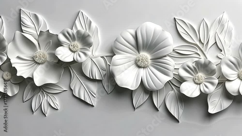 Elegant 3D white floral wall art design featuring realistic flowers and leaves for modern interior