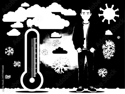 Flat vector logo: cozy overweight figure above digital line, chilly idol + snowflakes + big white thermometer on light blue-gray circle, warm-cool balance for winter brand/weather app logo