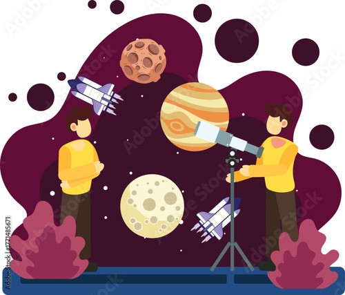 Two men observing planets through telescope illustration