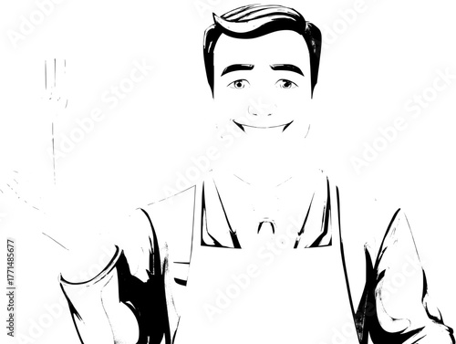 Minimalist flat vector: man hoists giant fork with grilled sausage, transparent PNG on white, perfect for fast-food poster, delivery menu, BBQ signage, social post