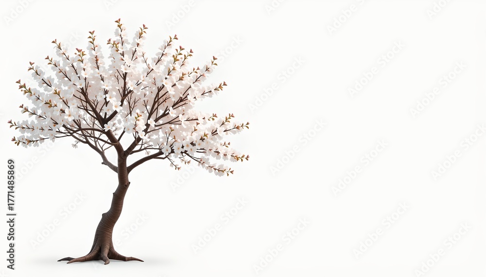 Obraz premium An elegant tree adorned with delicate white blossoms standing alone. The tree's branches are filled with tiny blossoms