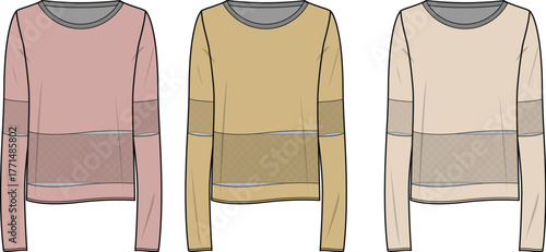 A collection of women's long sleeve pullover technical fashion flat sketches with a sheer mesh panel insert, presented in multiple colorways for apparel design