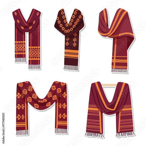 Collection of five traditional red and orange patterned scarves with fringes.