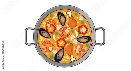 Vibrant seafood paella bursting with shrimp, mussels, and chicken, a delicious culinary delight perfect for food blogs and restaurant menus