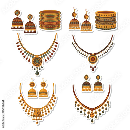 Traditional Indian jewelry sets with necklaces, earrings, and bangles featuring intricate designs and cultural patterns.