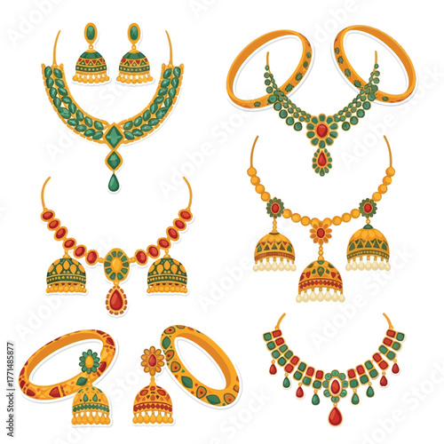 Ornate traditional Indian jewelry sets featuring necklaces, earrings, and bangles with gold, green, and red gemstones.
