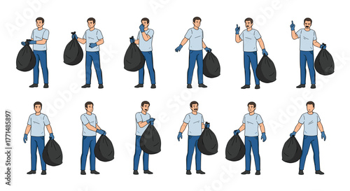 Man in various poses holding full trash bags, ready for disposal and clean up tasks, showing action and responsibility