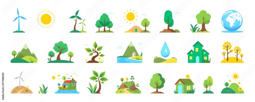 Fototapeta premium A Collection of Various Environment icons, illustrating nature elements. A visual representation of environmental sustainability and ecological balance