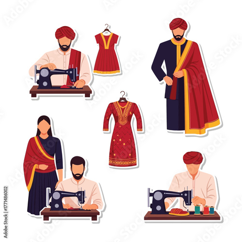 Illustrations of Indian tailors, garments, and traditional attire, depicted in a flat design style.