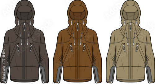 Men's outdoor performance softshell jacket with a hood shown in multiple colorways. Vector fashion design technical flat sketch template