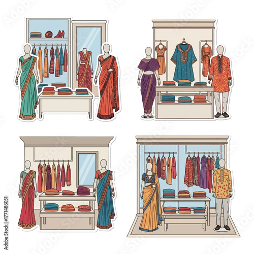 Illustrations of mannequins displaying colorful traditional Indian clothing in various boutique settings.