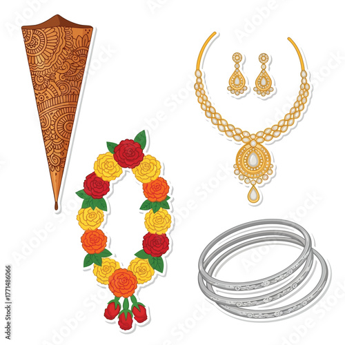 Illustration featuring henna cone, flower garland, gold jewelry set, and silver bangles.