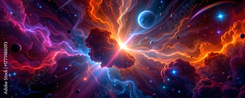 A vibrant nebula showcasing a captivating display of cosmic colors, with planets and stars scattered across the vast expanse. The image radiates an atmosphere of wonder and the beauty of the cosmos