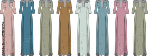 Elegant array of stylish long dress design, versatile clothing options for various occasions, featuring different colors and styles