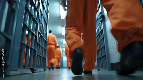 A somber march through confinement, captured in a stark, low-angle shot. Rows of cells on either side emphasize the bleakness and monotony of prison life, highlighting uniformity.