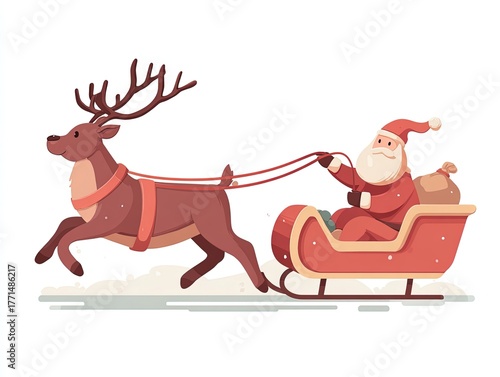 Christmas Reindeer Pulling Sleigh With Santa Claus Clip Art, Flat Vector Illustration.