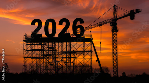 Construction of the year 2026 against a vibrant sunset sky.