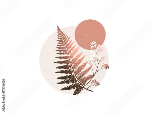 Minimalist Fern Leaf Circular Logo Design with Earth Tones and Flat Vector Silhouette