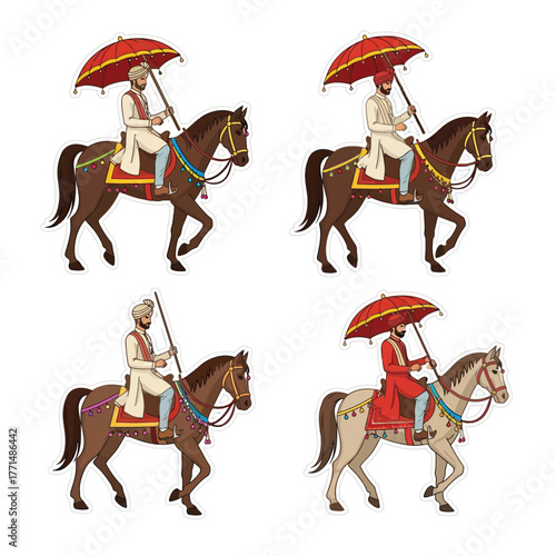 Four illustrations of men in traditional attire riding horses under red parasols.