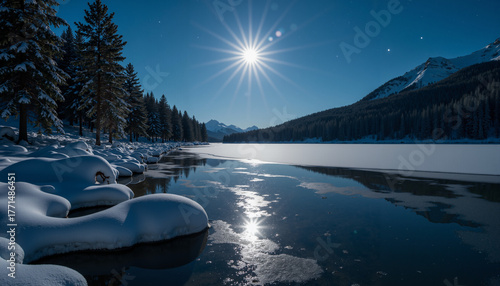 Star shining on frozen lake with snow in modern winter landscape  