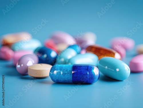 Blue Pills on Dark Blue Background with Copy Space, Healthcare and Lifestyle Concept 3D Render