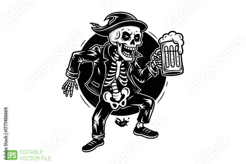 Skeleton in Hat and Jacket Holding a Beer Mug.