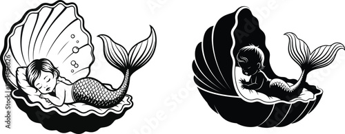 Sleeping Baby Mermaid in Clam Shell Vector Illustration