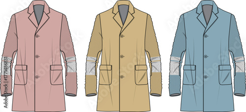 Collection of technical flat vector illustrations showcasing a stylish unisex overcoat in pink, yellow, and blue for apparel design concepts