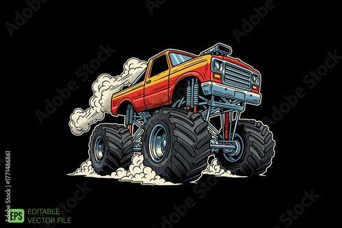 Powerful Monster Truck with Huge Wheels and Smoke.