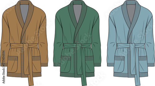 A set of three colorful belted cardigans with pockets, presented in a flat illustration style