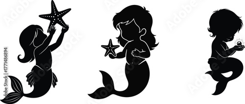 Cute Baby Mermaids, Starfish, and Underwater Fantasy Clip Art Vector Silhouette