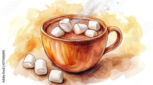 a cup of hot chocolate with marshmallows, a watercolor illustration on a white background, hand-drawn, high resolution, vintage clip art in a retro color palette