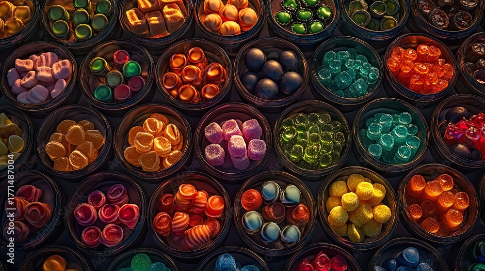 Fototapeta premium Small round containers filled with colorful hard candies in rows, showcasing a variety of shapes and hues