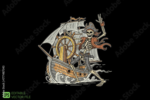 Skeleton Pirate Captain Steering a Ghost Ship on Rough Seas.