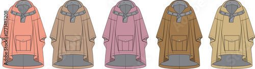 Set of hooded poncho technical flat illustrations in an earthy color palette. Fashion design template collection for outerwear apparel