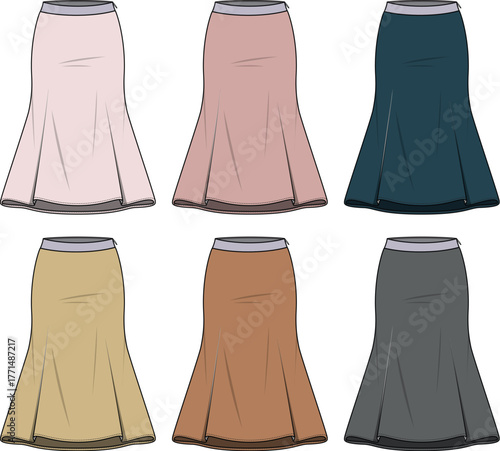 Flat vector illustrations of women's long skirts, showcasing A-line and flared silhouettes in diverse solid colors, ideal for fashion design and apparel catalog concepts