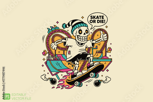 Skate or Die Skeleton Skateboarder with Retro Urban Elements and