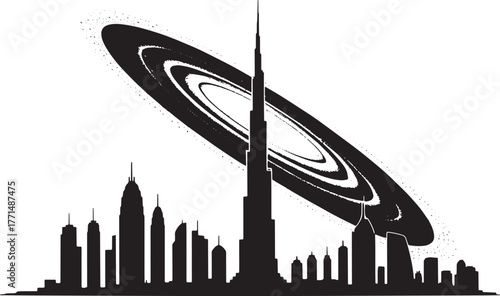 Futuristic Dubai Silhouette Skyline with Rings Concept Vector Illustration Design