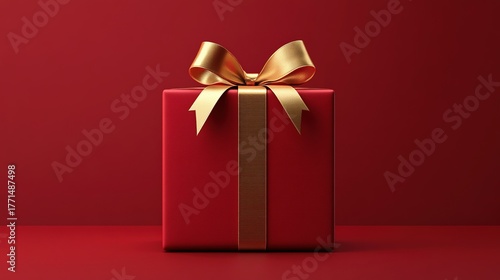 red gift box with a golden ribbon on a red background, front view. christmas present for holiday celebration and special events, red christmas gift mock-up, design element, 3d rendering
