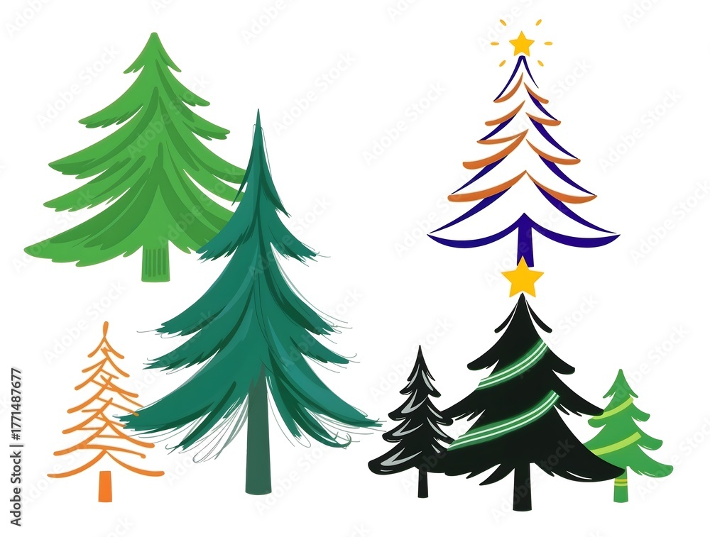 Obraz premium abstract pop art pastel illustration of stylized Four stylized Christmas trees in various designs and colors. Christmas trees in green, brown, and black