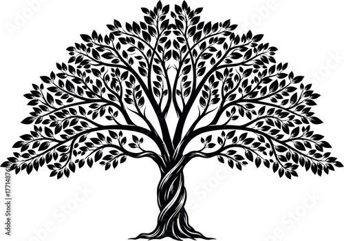 Intricate black and white silhouette of a twisted trunk tree with detailed foliage vector