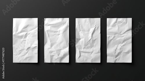 A set of four blank white rectangular paper stickers with realistic textures is presented against a solid black background. Each sticker features unique folds, rounded corners.