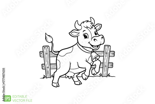 Cute Cartoon Cow Jumping Over a Fence Coloring Page.
