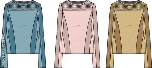 Collection of stylish women's long-sleeve activewear tops in different color variations, presented as detailed fashion illustration technical flats for apparel design and sportswear concepts