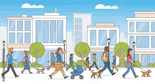 Happy Family Illustration – Mother and Kids Playing Near House and School Building in a Bright Summer Scene