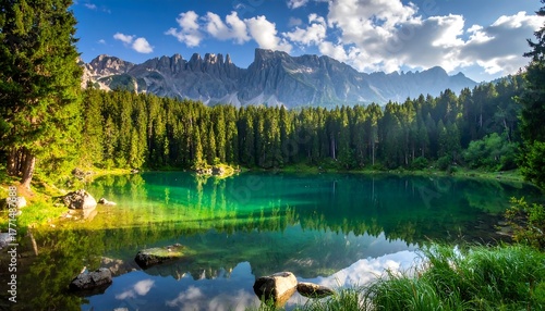 Azure lake reflects mountain range and surrounding evergreen forest scenery
